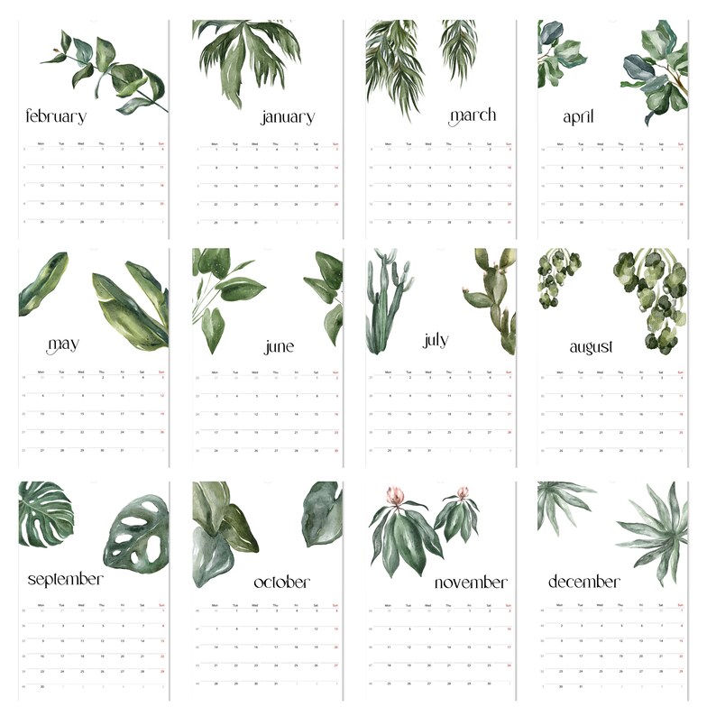 Calendario 2024, Calendario Botánico, Calendario Vegetal, Calendario de Hojas, Calendario Tropical, Calendario de Pared 2024, Decoración de Pared Botánica, En Blanco, A3 imagen 9