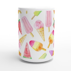 May include: White ceramic mug with a watercolor pattern of ice cream cones, popsicles, and watermelon slices. The pattern is repeated all over the mug.