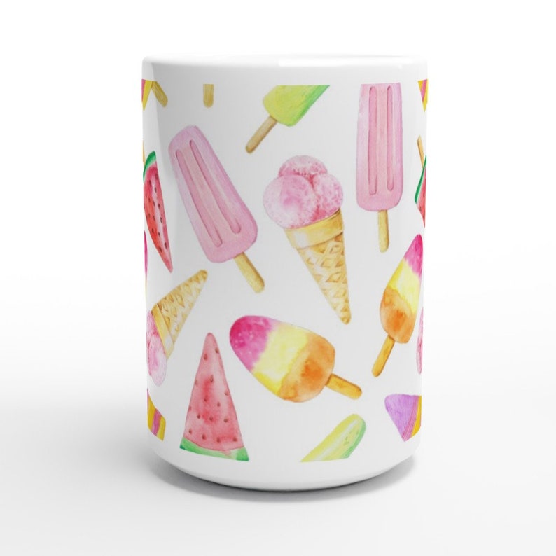 May include: White ceramic mug with a watercolor pattern of ice cream cones, popsicles, and watermelon slices. The pattern is repeated all over the mug.