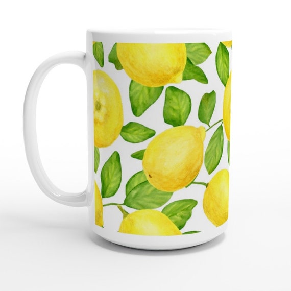 Lemon Mug, Fruits Mug, 15oz Ceramic Mug, Tea Coffee Lemon Mug, Lemon Kitchen Decor, Summer Mug, Large Mug, Lemon Pattern