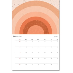May include: A calendar for February 2025 with a peach, orange, and brown abstract design. The calendar features a grid with the days of the week labelled and numbered.