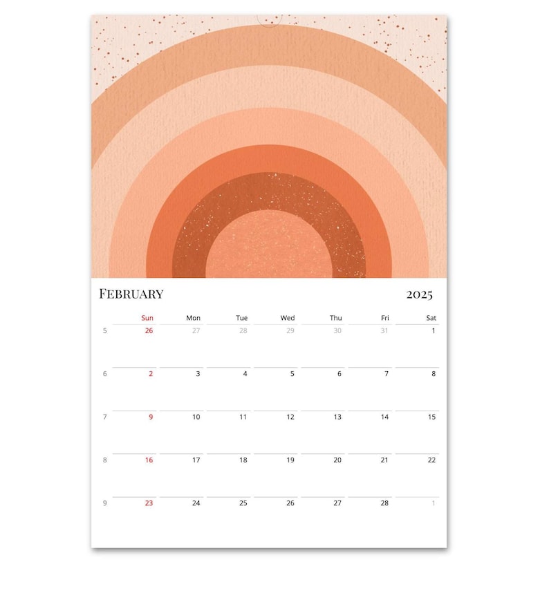 May include: A calendar for February 2025 with a peach, orange, and brown abstract design. The calendar features a grid with the days of the week labelled and numbered.