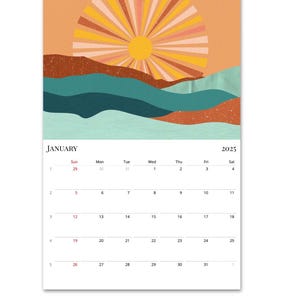 May include: A January 2025 calendar featuring a retro sun and mountain landscape design. The calendar has a white background with black text and red numbers.