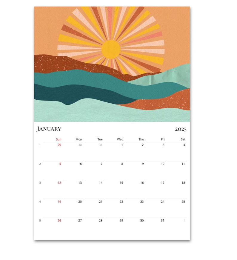 May include: A January 2025 calendar featuring a retro sun and mountain landscape design. The calendar has a white background with black text and red numbers.