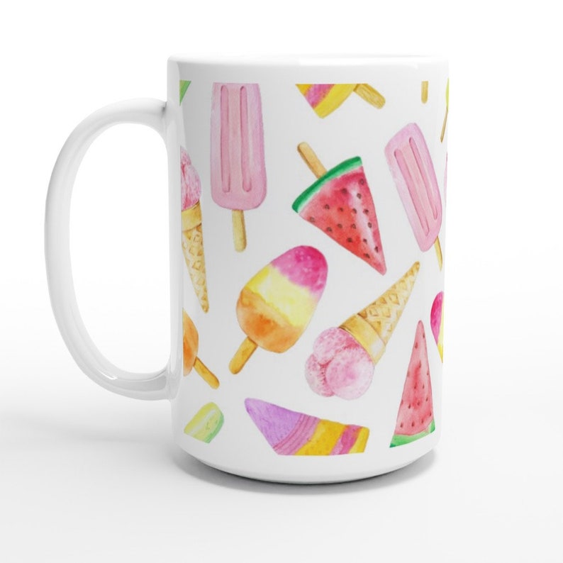 May include: White ceramic mug with a colorful watercolor pattern of ice cream cones, popsicles, and watermelon slices.