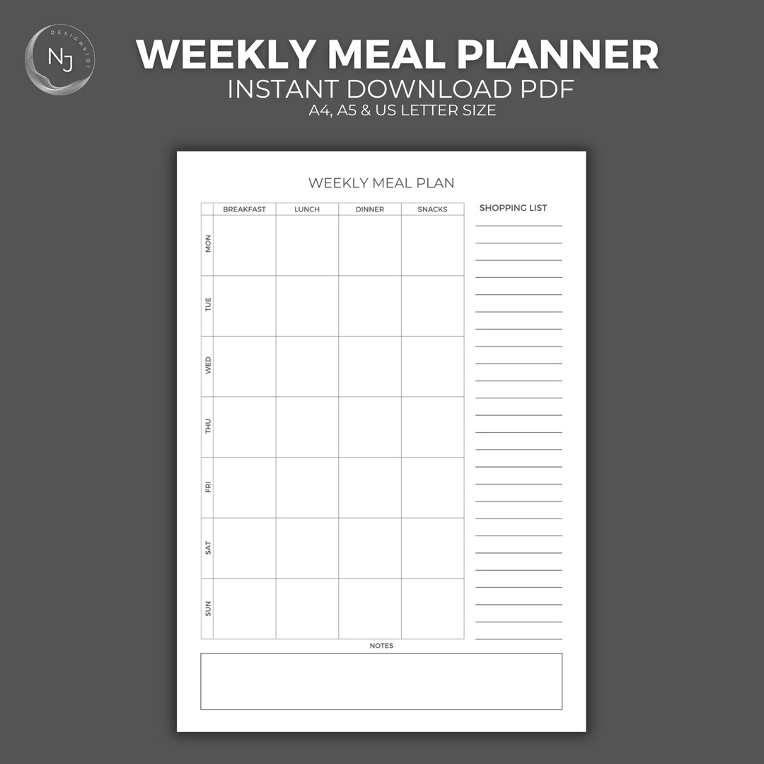 Minimal Meal Planner Printable One Page Weekly Meal Planner - Etsy