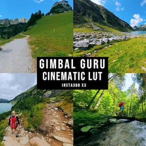 Puede incluir: Un collage de cuatro imágenes que muestran a una persona haciendo senderismo en un paisaje montañoso. Las imágenes muestran a una persona caminando por un sendero de tierra, una persona caminando por un sendero rocoso, una persona caminando por un sendero con un lago al fondo y una persona caminando por un sendero en un bosque. El texto "GIMBAL GURU CINEMATIC LUT INSTA360 X3" se muestra en el centro del collage.