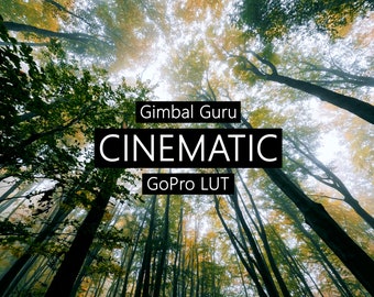 May include: An upward view through a forest canopy with tall trees and green and yellow leaves. The text "Gimbal Guru CINEMATIC GoPro LUT" is displayed in a black rectangle.