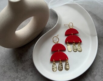 Red and gold earrings,gold plated statement dangle earrings- JASMINE