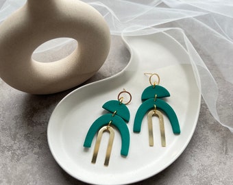 PIROUETTE -  emerald green handmade elegant arches  with gold plated charm and earring posts