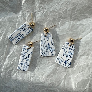LA-LA-LAND- By Day, Blue on white wearable art, Gold Plated, Everyday Earrings, Gifts for her, Minimalist, Modern,Valentines