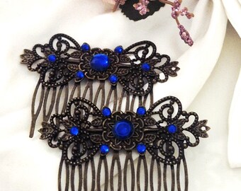 Vintage Bronze Hair Combs with Sapphire Blue Gemstones, Filigree Floral Bridal Hair Accessories