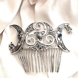 Large silver crescent moon hair comb with silver stones,Celtic hair comb,blue gemstones,moon and stars,Wedding, bridal hair combb,bridesmaid
