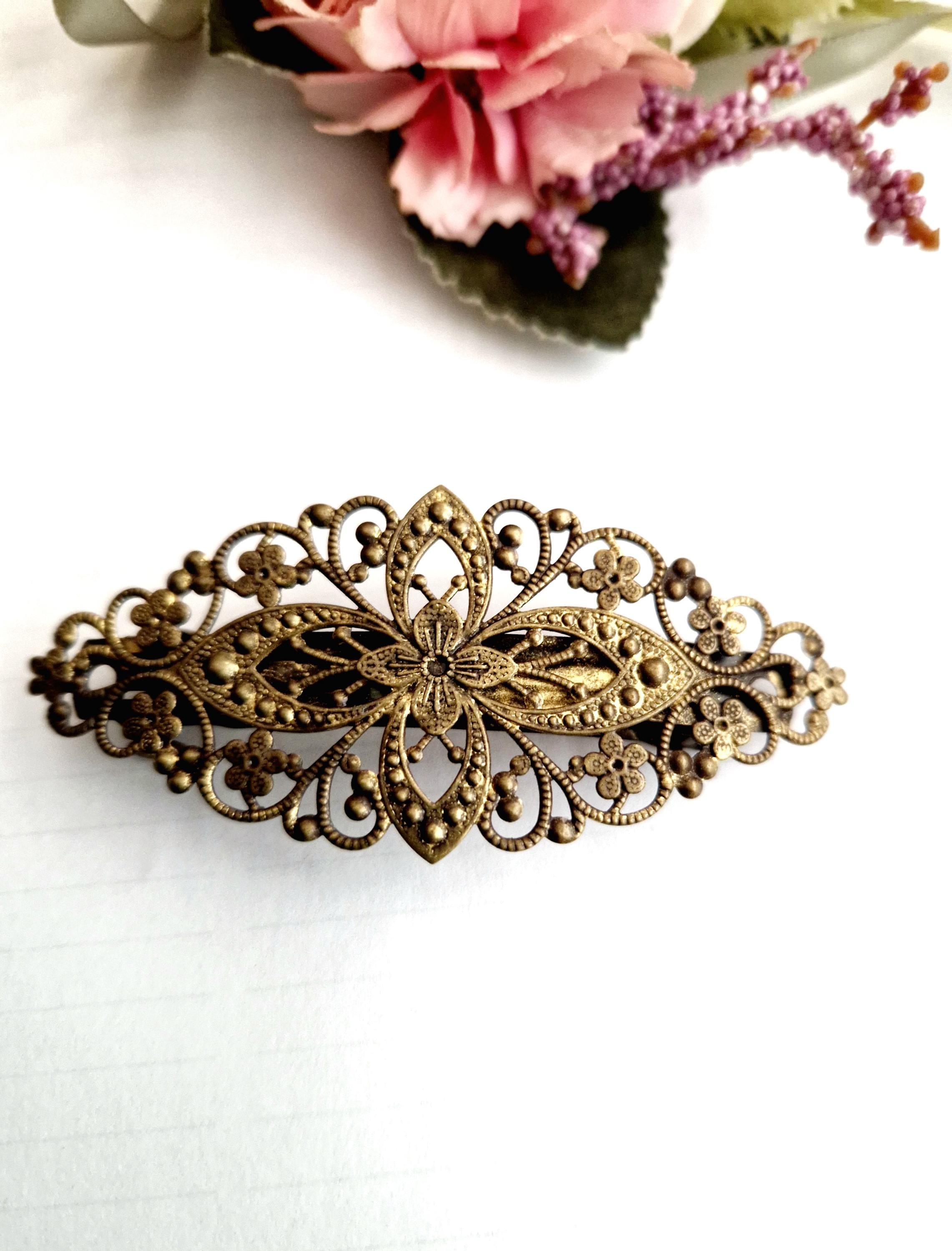 Vintage Made in France Floral Rose Gold Tone Filigree Barrette Hair Clip Yellow 6 Pieces Vintage Hair Barrettes for Women Retro French  main image 3