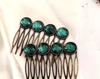 Bronze Hair Comb Set, Emerald Green Gemstones, Victorian Style