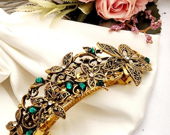Vintage Inspired Gold Floral Barrette with Green Rhinestones, wedding, bride,bridesmaid leaf shaped