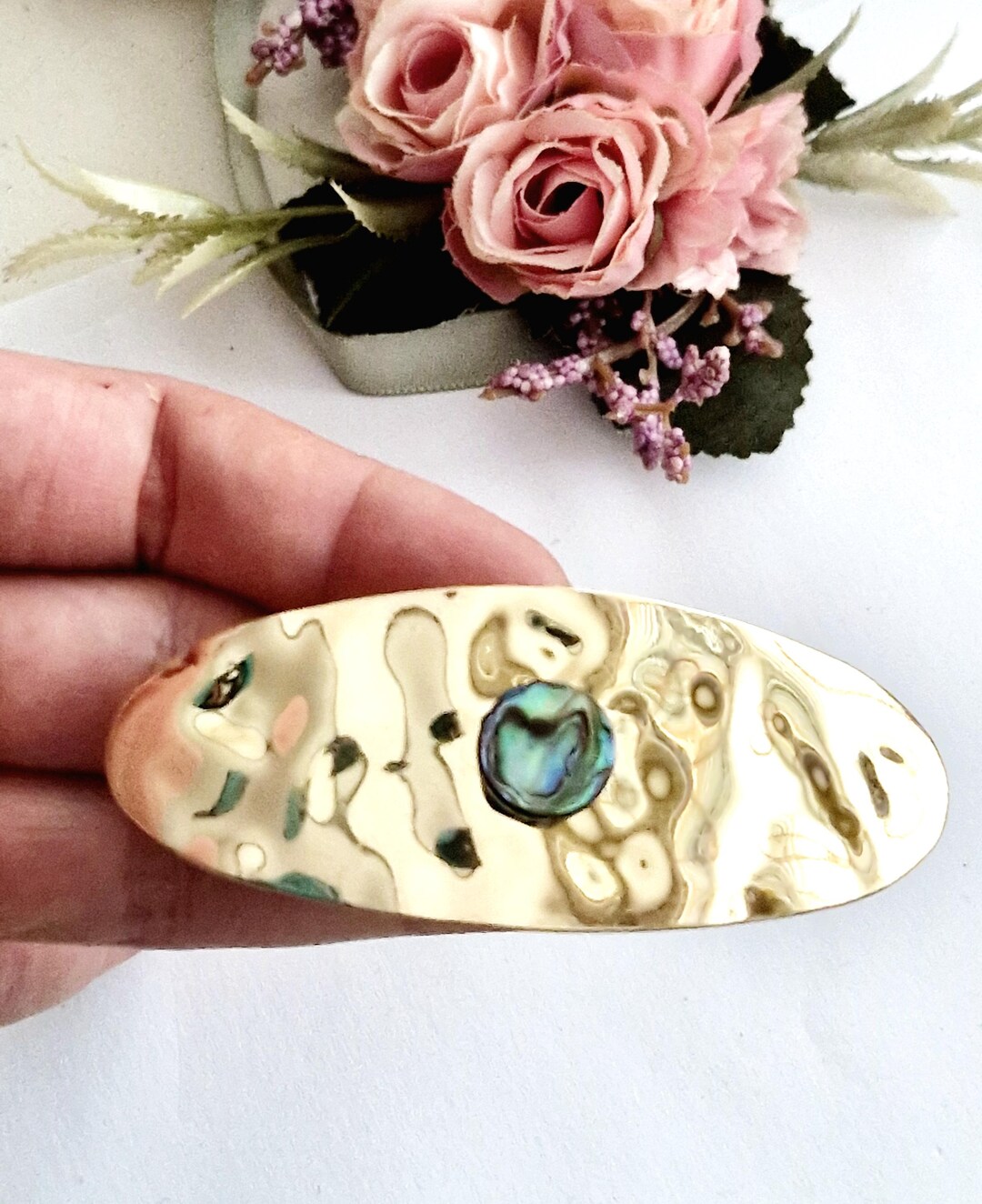 Shell Barrettes Gold Oval Barrette, Abalone Shell, Hammered, Minimalist Barrette ...