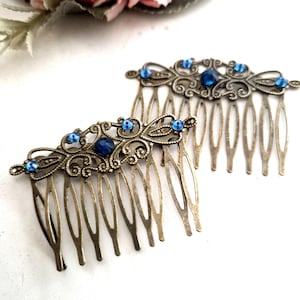 Silver Plated Filigree Hair Comb Set, Blue Natural Stone  display picture 1