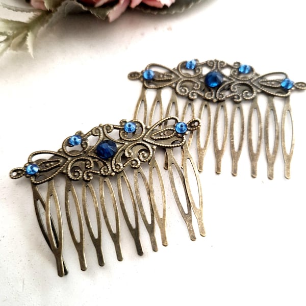 Vintage Inspired Bronze Hair Comb Set, blue Rhinestones, Filigree, Victorian Retro Style
