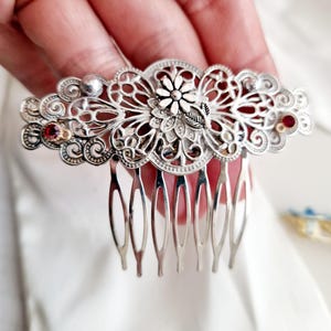 Vintage inspired Victorian style hair comb,antique silver,retro,filigree, wedding, red gemstones,sparkling,high quality, bridal hair comb