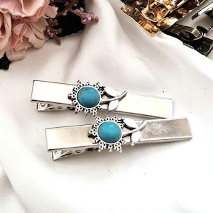 set of 2 silver crocodile hair clip with blue natural stone flowers, alligator clip,handmade, high quality, floral hair slide,  side clip