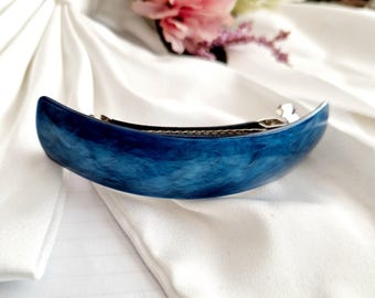 Large blue resin barrette, resin,curved, thick hair,marble blue,arched French barrette, something blue,acetate barrette
