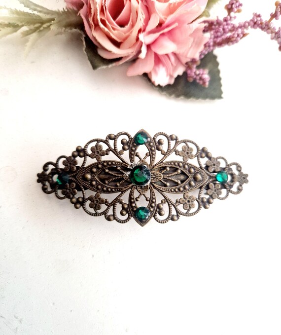 Vintage Style Bronze Filigree Barrette, Emerald Rhinestones  display picture 1