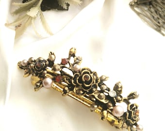 Antique Gold Rhinestone Flower Barrette, Vintage Bridal Hair Clip