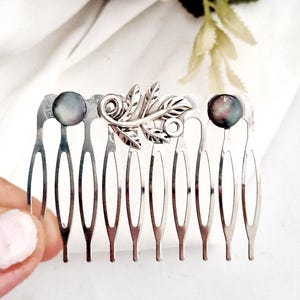 Grey stones silver leaf hair comb,minimalist, medium size,non slip,Celtic, handmade, minimal,hair comb,natural stones hair comb