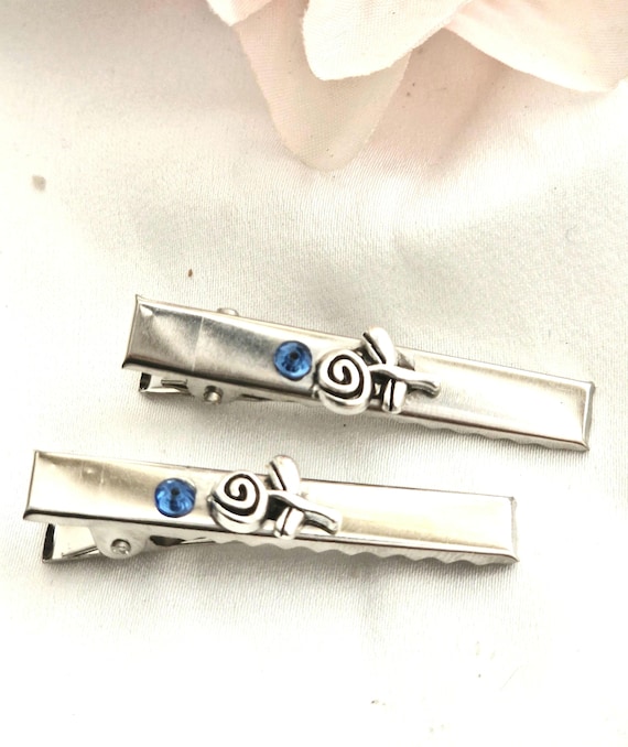 Silver Alligator Hair Clips Set, Blue Rhinestone Floral  display picture 1