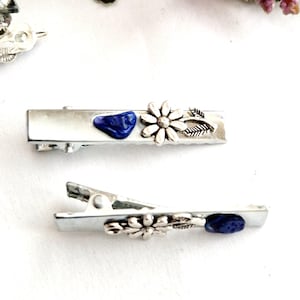 Set of 2 silver minimalist hair clips,blue abalone shell,lrish flowers, alligator, crocodile hair clip,handmade,small crocodile hair clip