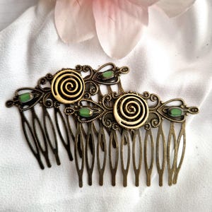Set of 2 antique bronze hair comb with green gemstone,spiral, filigree, antique, Celtic hair comb,handmade, retro style, vintage inspired