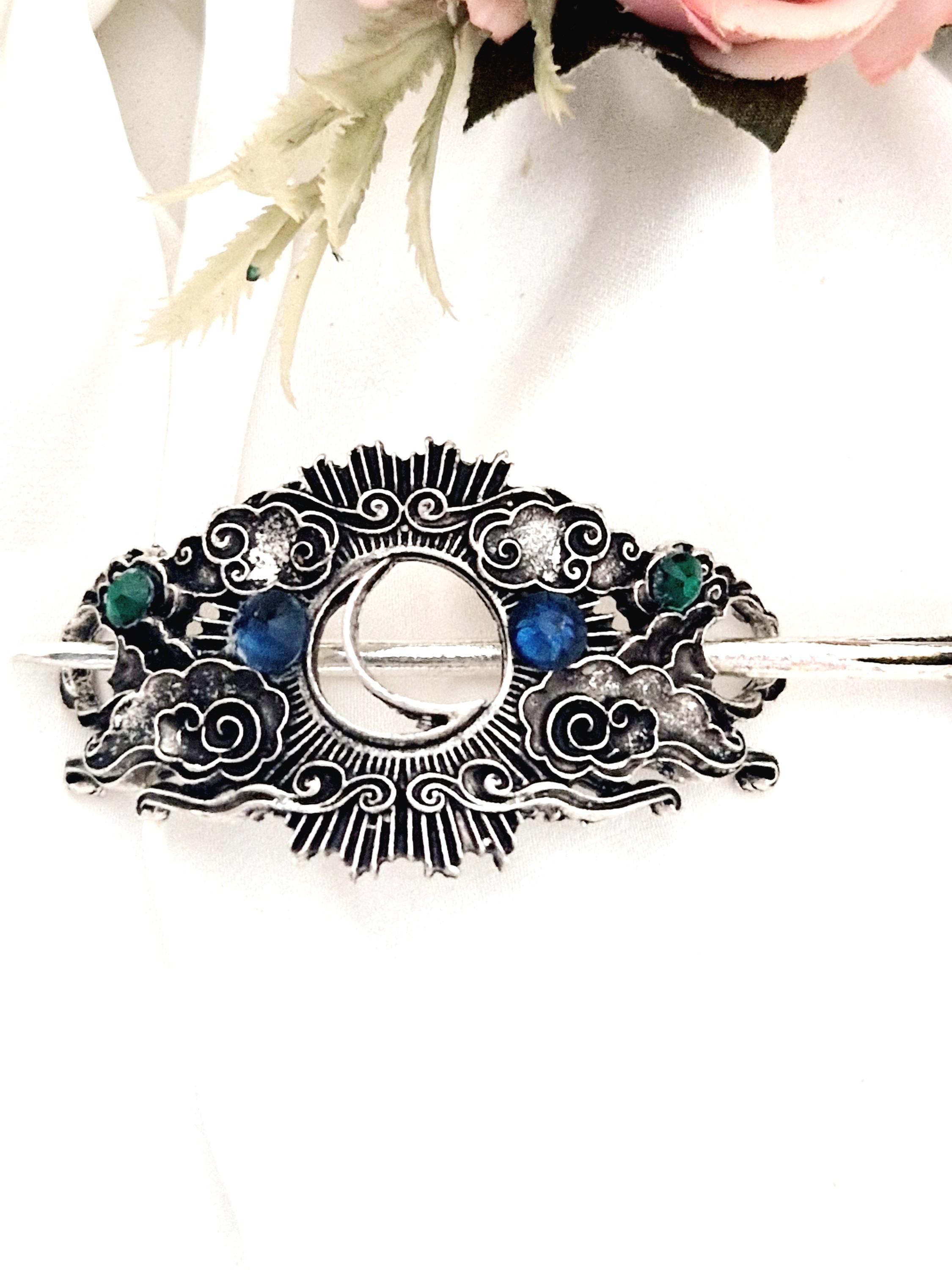 Ancient Silver Celtic Hair Pin With Emerald and Sapphire 