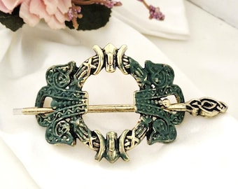 Antique gold and green Celtic hair pin,handmade, Nordic, bun holder, Celtic Viking clip,hair stick, gift for daughter, wedding, prom