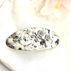 Silver hammered barrette with gemstones,glossy, sparkling, Celtic barrette, handmade, floral barrette, medium size silver barrette
