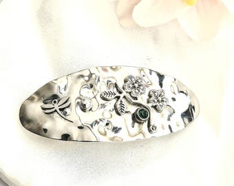Handmade Silver Hammered Barrette, Floral Gemstone Hair Clip