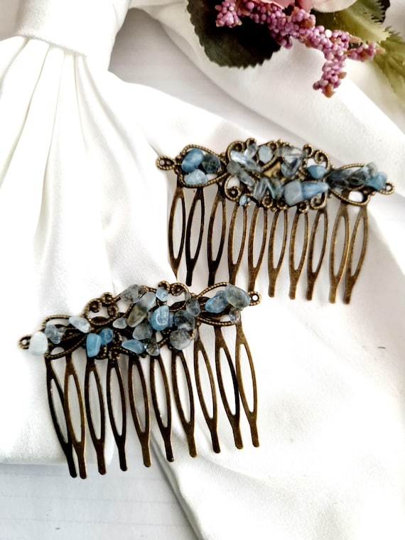 Blue Stone Hair Comb Set, Antique Bronze Filigree, Vintage  display picture 3