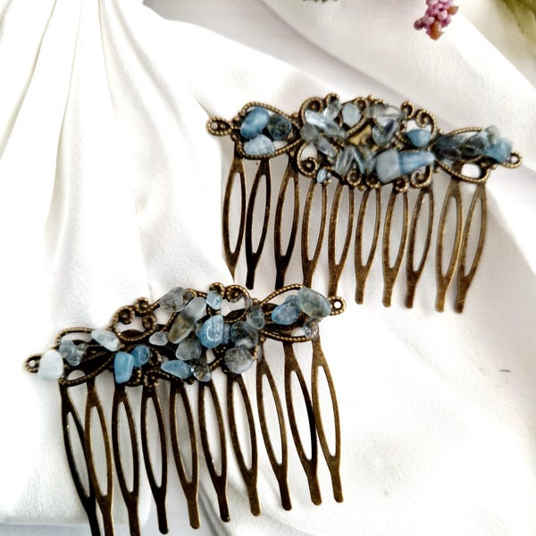 Set di pettini per capelli in pietra blu, filigrana in bronzo antico, stile vintage
