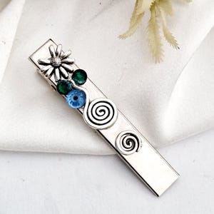Blue gemstone silver hair clip,swirl,spiral, handmade,Celtic, alligator, crocodile clip,non slip,large silver alligator clip