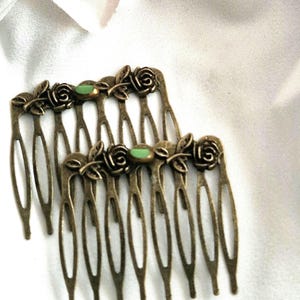 Set of 2 bronze hair comb with green gemstone, vintage inspired floral hair comb,leaves,handmade, retro style bronze hair comb, antique