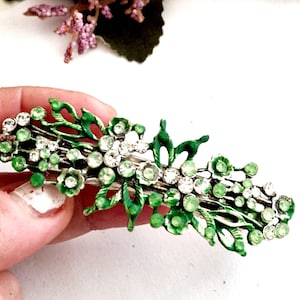 Green and silver wedding barrette,full rhinestones and crystal,floral,bride, bridesmaid,handmade, prom, Valentines gift ideas,prom,non slip