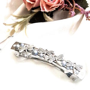 Large silver dragonflies minimalist barrette, silver ball beaded,handmade, nickel free,silver plated French barrette, oversize, high quality