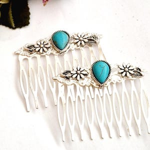 Set of 2 silver plated filigree hair comb,blue natural stone,handmade, floral,lrish hair comb,wedding,minimal,medoum size,flower hair combs