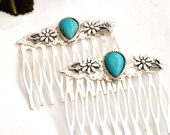 Silver Plated Filigree Hair Comb Set, Blue Natural Stone, Floral Wedding Hair Combs