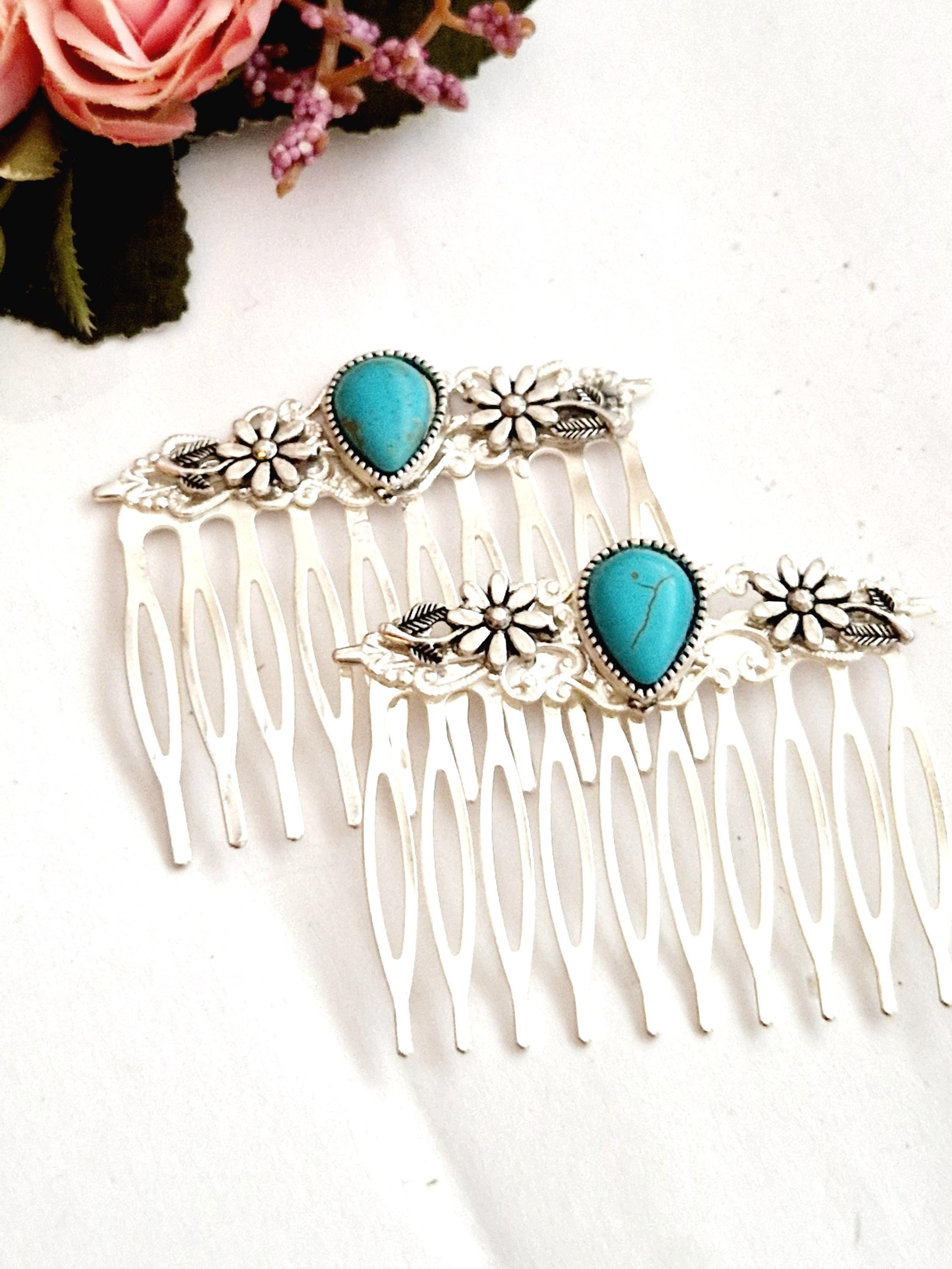 Silver Plated Filigree Hair Comb Set, Blue Natural Stone  display picture 2