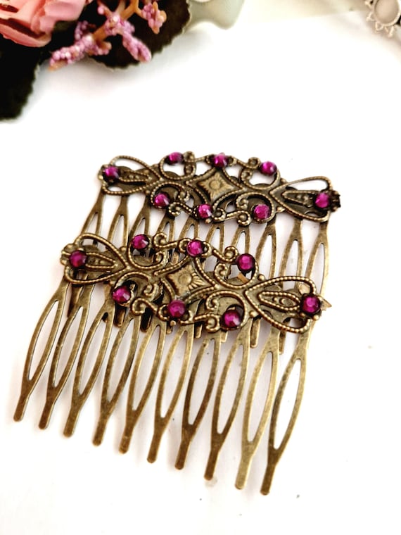 Vintage Inspired Bronze Hair Comb Set, Pink Rhinestone Bridal Hair Piece