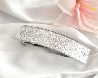 Barrette argentée scintillante pour cheveux épais, pince en acétate faite main