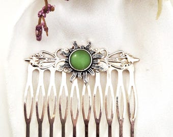 Pettine per capelli in filigrana placcato argento con pietra naturale verde chiaro, fatto a mano, Sole Celtico, misura media, stile antico, pettine per capelli Sole