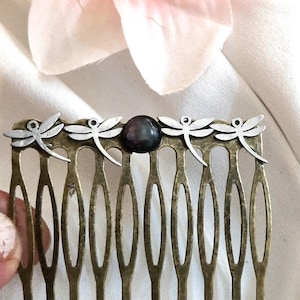 Bronze hair comb with silver dragonfly and stone,minimalist hair comb,Celtic style, handmade, small dragonflies, medium size hair comb