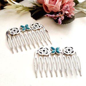Set of 2 turquoise stone silver hair combs,Celtic Viking,minimalist, handmade,geometric, medium size,blue stone,non slip,Chritmas gift ideas